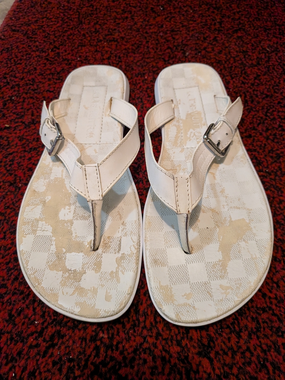 White LV Print Buckle Thong Sandals